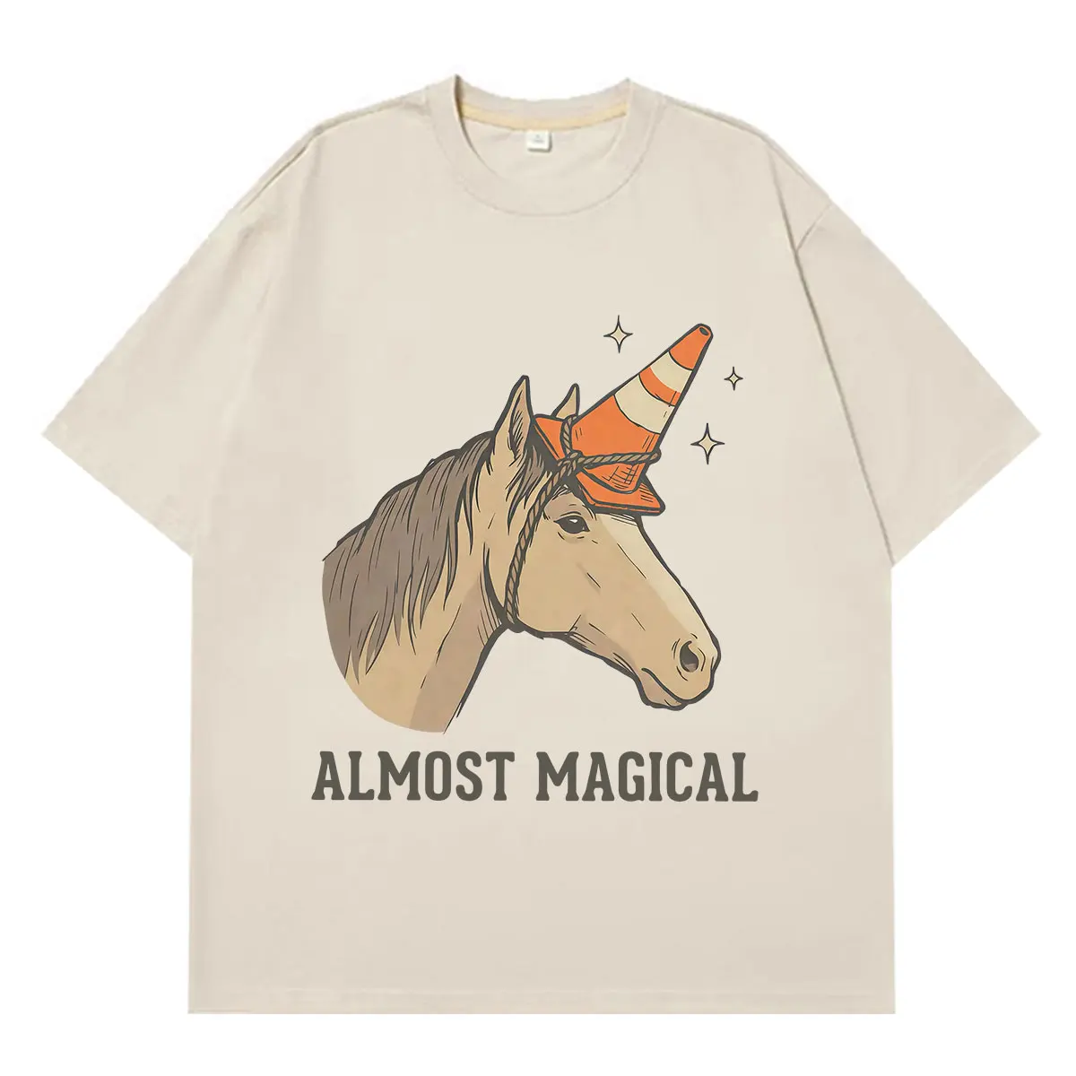 Almost Magical Funny Horse Traffic Cone Meme T-shirt Men Women Vintage T-shirt Summer Short-sleeved Loose Casual Cotton T-shirts