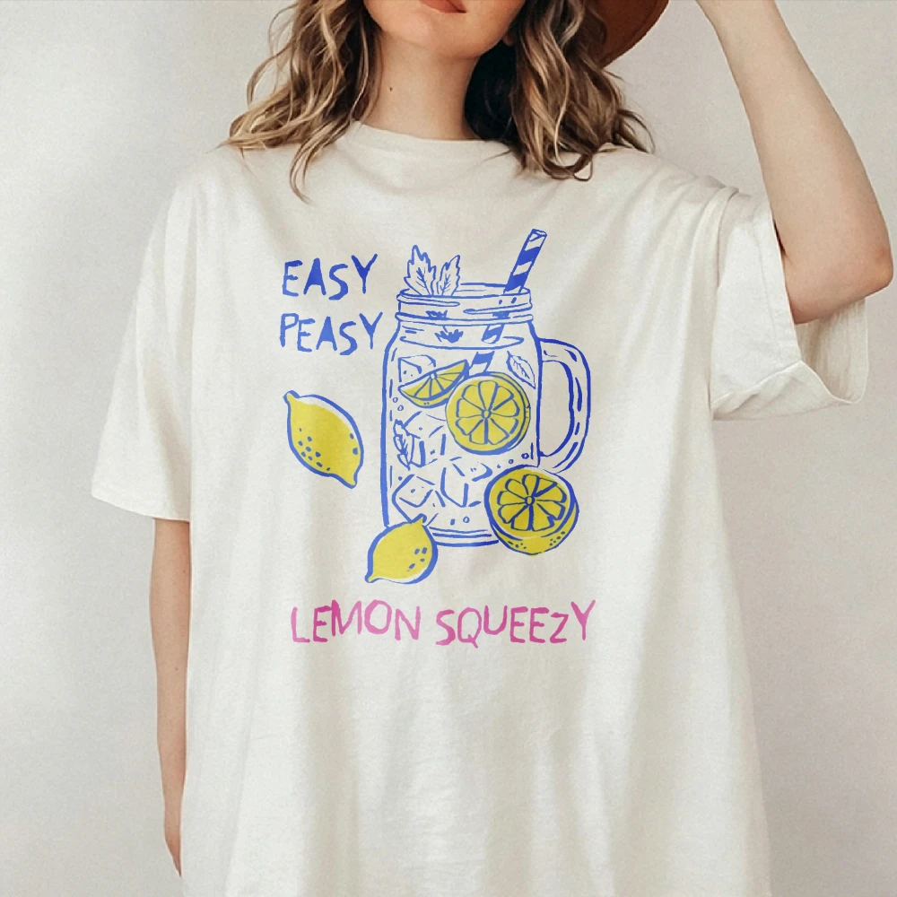 Women Easy Peasy Lemon Squeezy Lemonade Jar Print T Shirt Hand Drawn Fruit Graphic  Cotton Tee Sweet Casual Summer Daily Tops