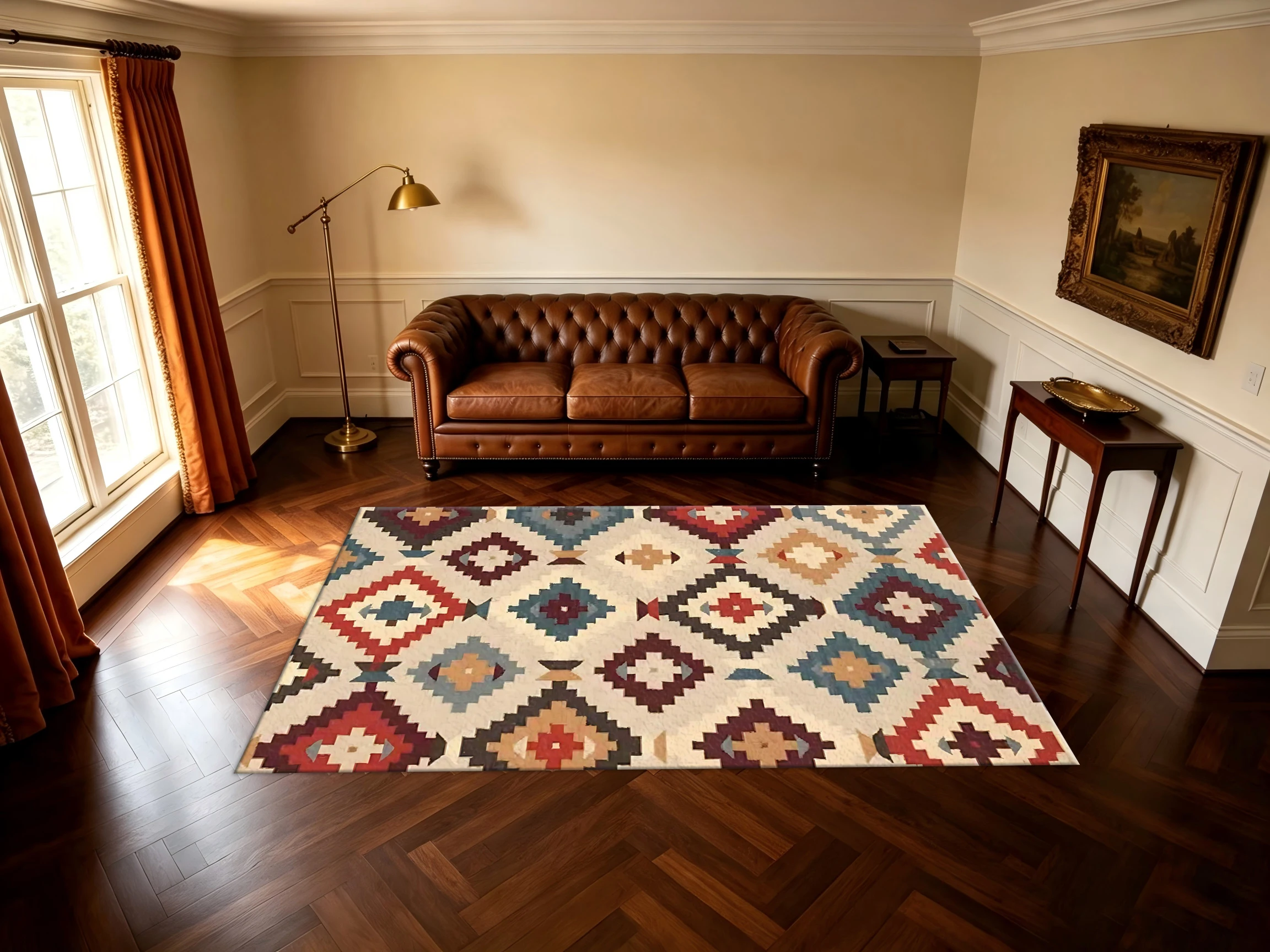 Retro Kilim Tribal Square Area Rug Bohemian Geometric Diamond Aztec Non-Slip Floor Carpet for Living Room Boho Home Decor
