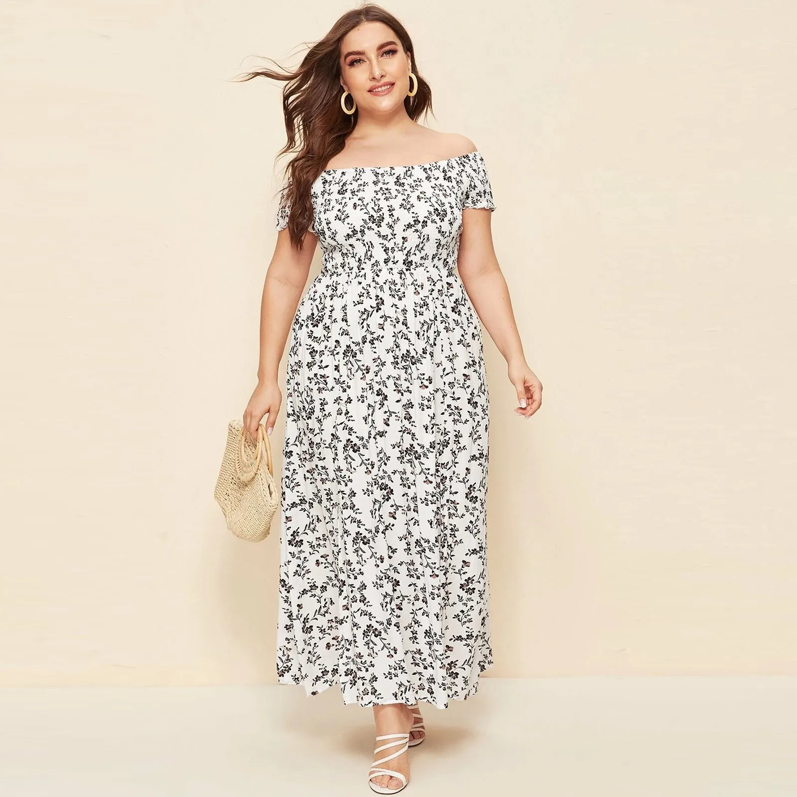 2024 New Women Summer Plus Size Dress Chest Wrapped Short Sleeve Split Flowy Hem Off Shoulder Print Maxi Boho Dress Streetwear