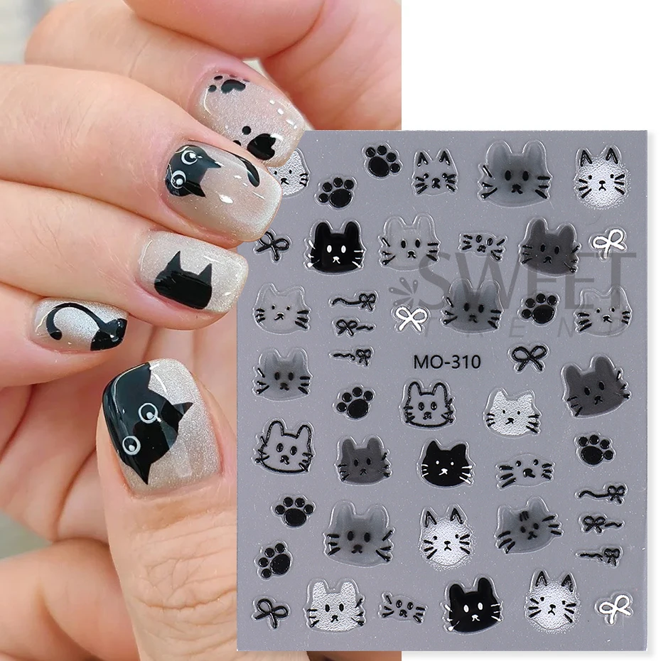 Etiqueta adorável do prego do gato preto da música, animal bonito dos desenhos animados, arco da estrela, peixe design, kawaii, deslizante adesivo, estilo japonês, decalque de manicure