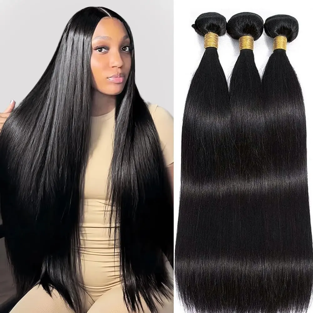 ブラジル産ロングストレートヘア 14-32 インチ 1/3/4 バンドルセール 100% 未処理バージン人毛バンドル ナチュラルブラックカラー