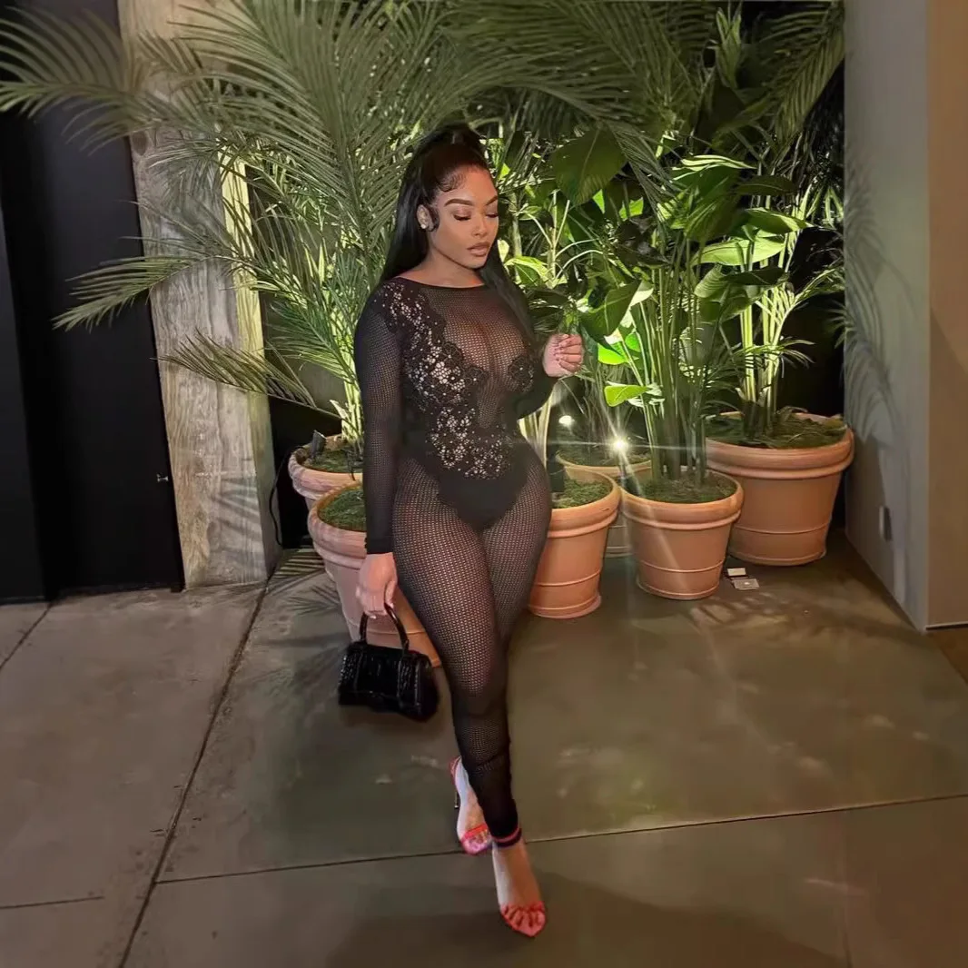 Mono negro transparente de retazos de encaje para mujer, peleles sexys de manga larga con espalda descubierta ajustados de una pieza, ropa para discoteca de medianoche 2025