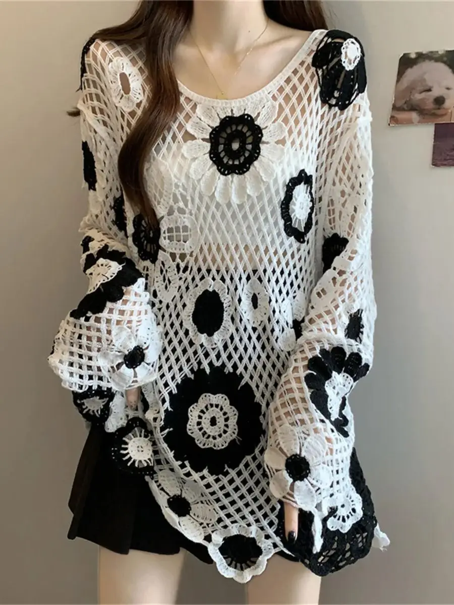 

Autumn Vacation Style Hook Flower Hollow out Long-Sleeve Knitted Pullover Jumper Top French Casual Wild Loose Long Sweater
