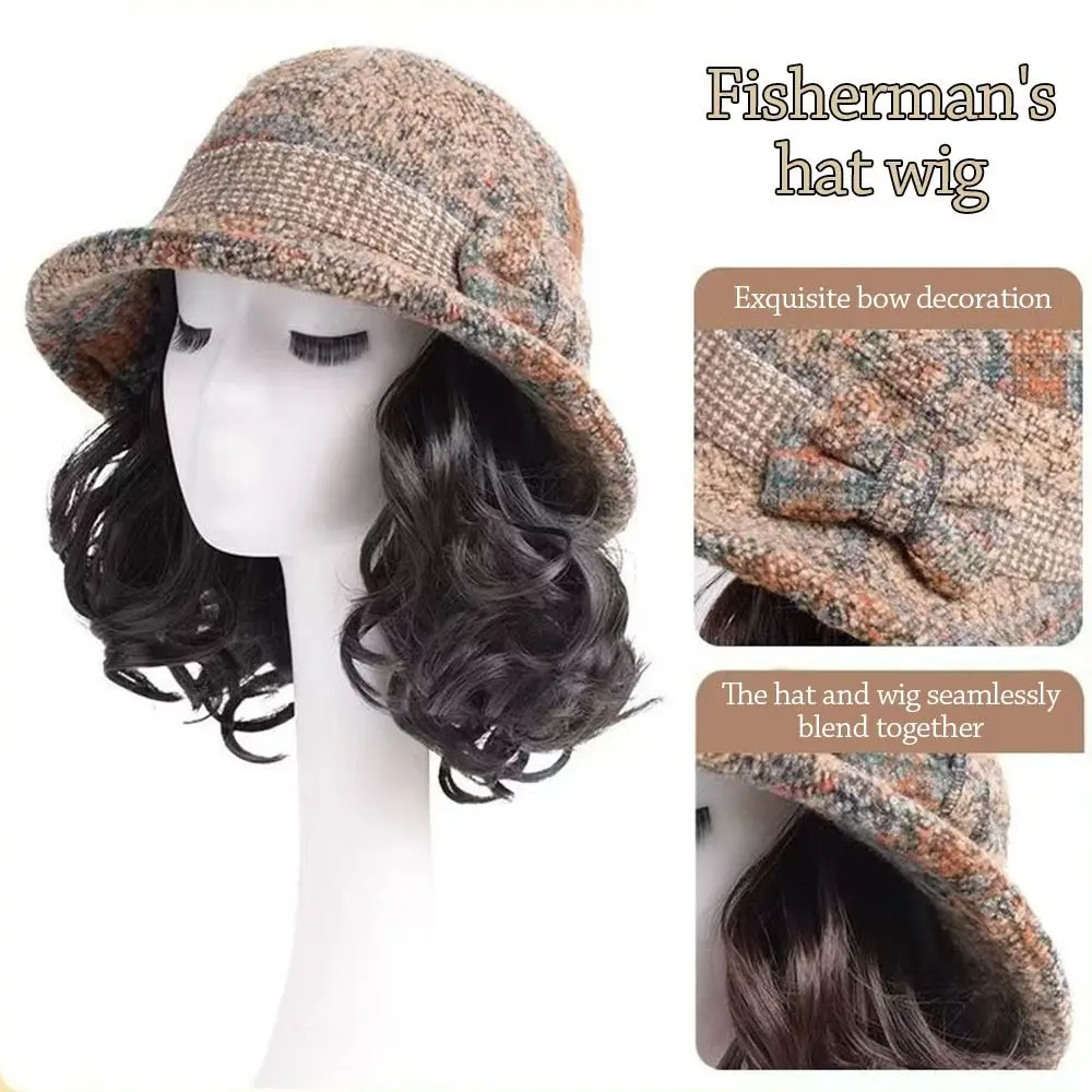 Fashion With Curly Hair Fisherman Hat With Wig Bowknot Attached Wig Wig Bucket Hat Casual Warm Fisherman Cap Women view 5