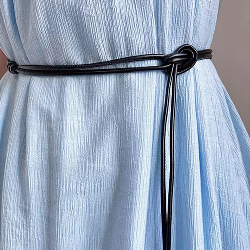 1pcs casual simple soft leather rope knot thin belt for women, personalized decoration for skirts, long versatile fashion slimmi