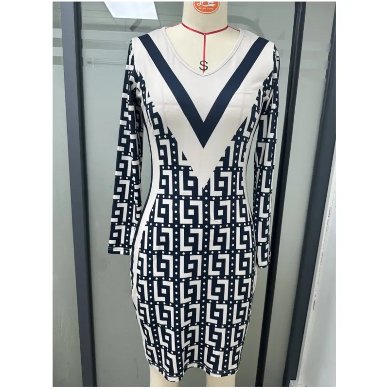 Print Skinny Dress For Women 2024 Spring Patchwor Sexy V-Neck Package hip Bodycon Party Mini Dresses Casual Long Sleeve Vestidos