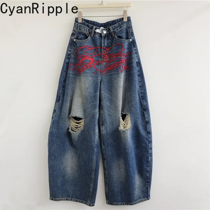 American Vintage Washed Machete Wide Leg Jeans 2026 New Autumn High Waist Embroidery Letters Hole All-match Straight Denim Pants