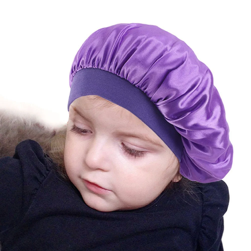 

2Pcs Kids Sleeping Caps Satin Hair Protection Lightweight Breathable Elastic Rim for Home Sleep Bathing Use Purple