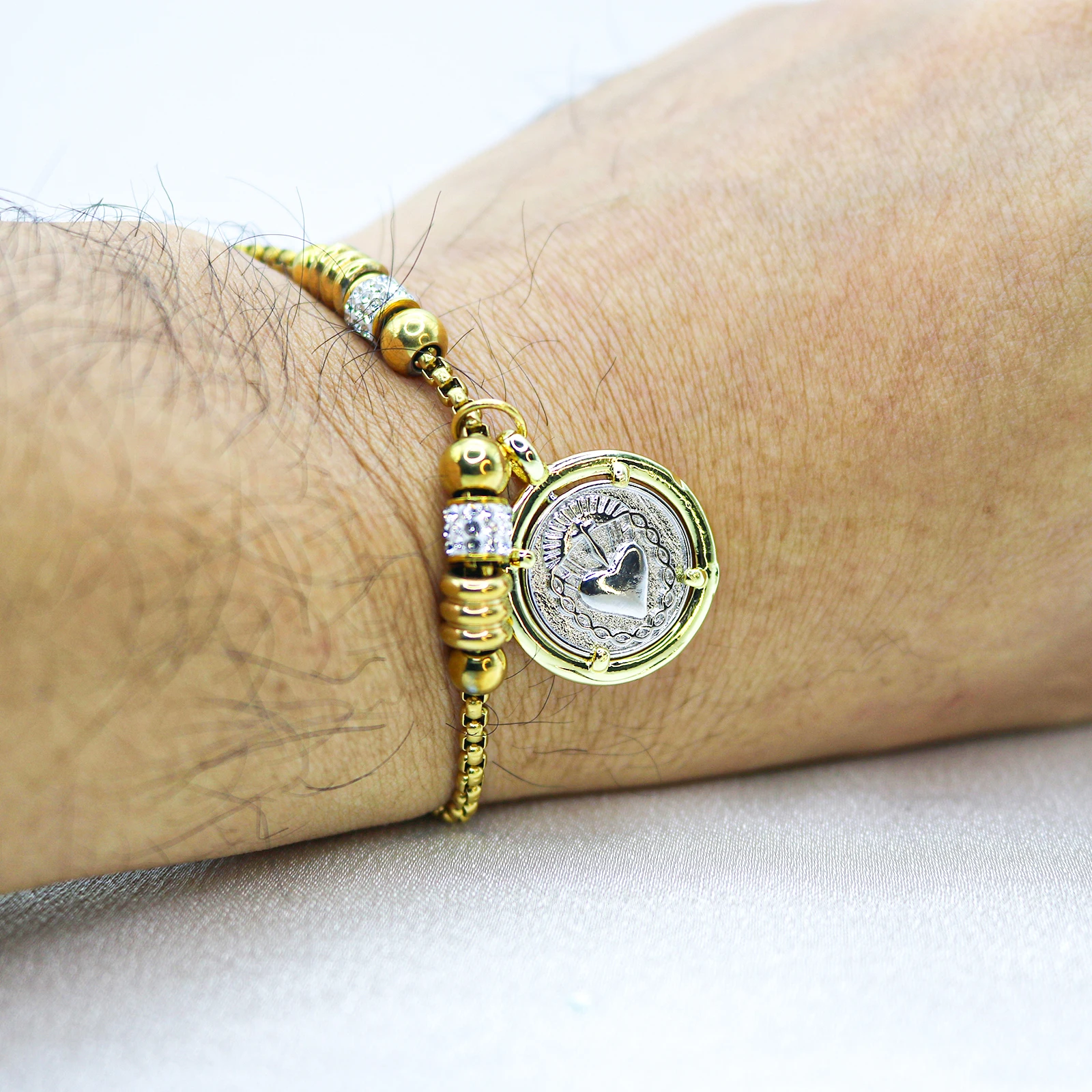 قابل للتعديل مطلية بالذهب حواف القلب المقدس يسوع ميدالية سحر أساور فضية عملة الصلاة ثعبان سلسلة سوار جوهرة الكاثوليكية #4