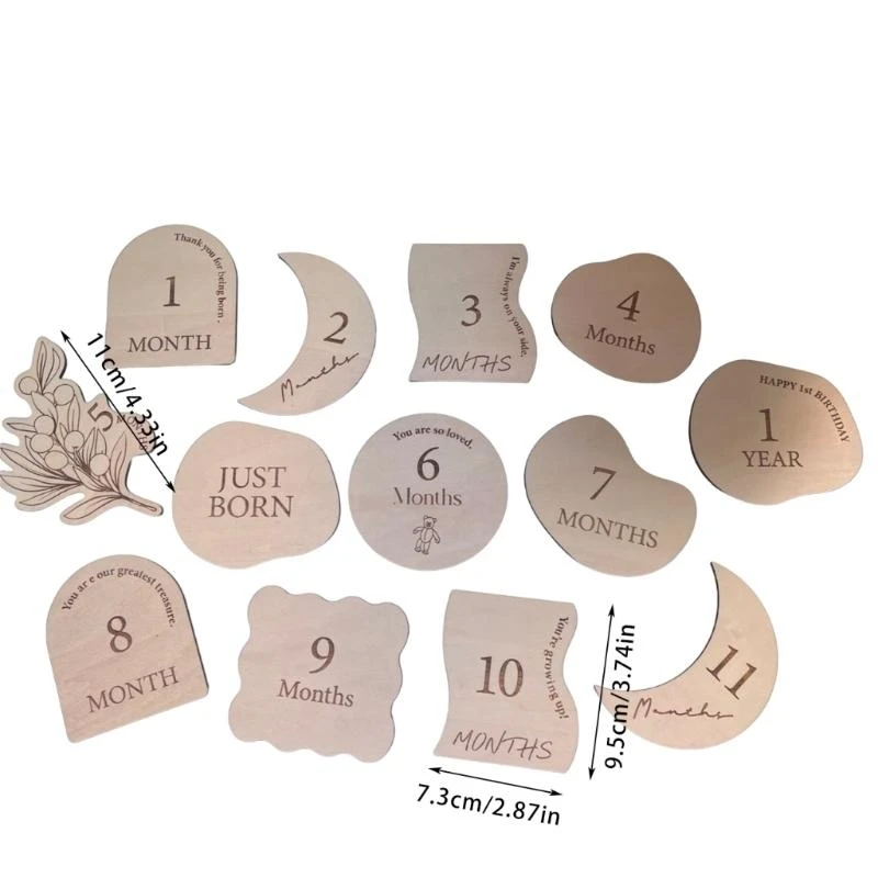 J15U 13 قطعة بطاقات التصوير الفوتوغرافي للأطفال بطاقة صور خشبية لحديثي الولادة تذكار معالم النمو بطاقة استحمام الرضع مجموعة