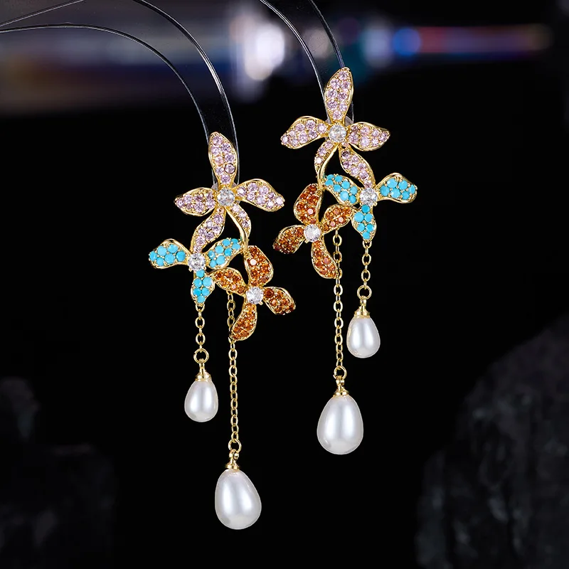 

Charm Heavy Paved Cubic Zirconia Flower Tassel Earrings French Luxury Freshwater Pearl Ear Jewelry for Fashion Women Party Gift