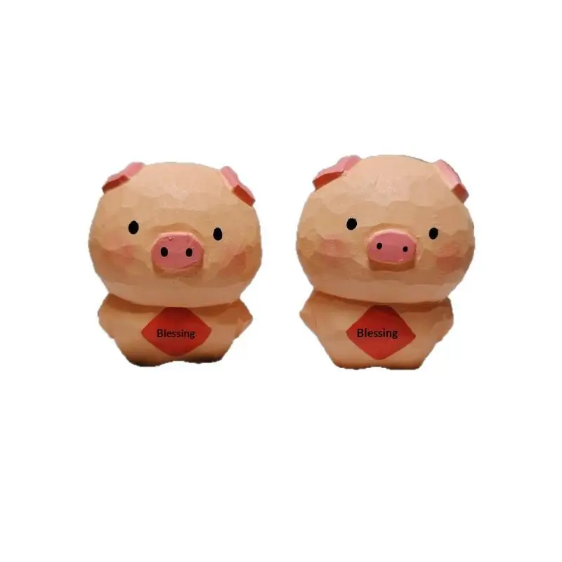 Non Toxic Paint Handmade Wooden Pig Figurine Fu Character Statue Cute Animal Ornament for Kids Bedroom Home Decor