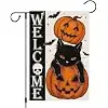 Heyfibro Halloween Black Cat Welcome Garden Flag 12 x 18 Inch Vertical Double Sided Burlap,Lantern Pumpkin Bat Skull Yard Ba llz