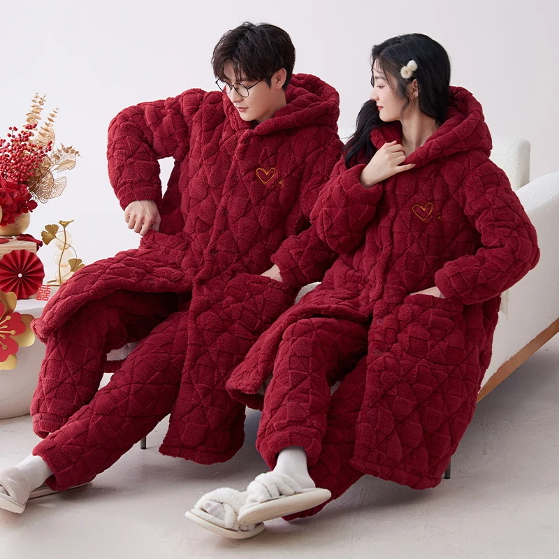 Newest Couple Red Robe+Pant Winter 3 Layer Clip Cotton Bathrobe Home Clothing Thick Warm Pijamas Hooded Hombre Robes 3XL