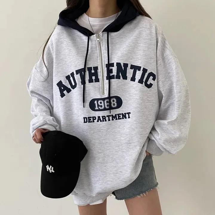 Hip Hop Zip Up Oversized Hoodies Women Harajuku Letter Print Sweatshirts Gray Vintage Loose Fleece Winter Tops Grunge