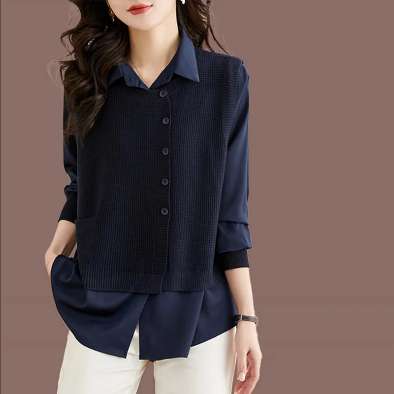 Dames Vest Gebreide Trui Voor Lente Herfst 2023 Nieuwe Mode Patchwork Turn Kraag Valse 2 Stuks Office Lady Shirt Tops