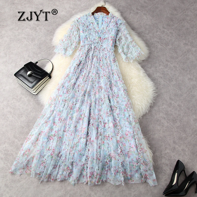 

ZJYT Luxury Ruffles Layered Floral Print Mesh Long Dresses for Women Party Evening Gown Elegant 2024 Spring Designer Maxi Dress