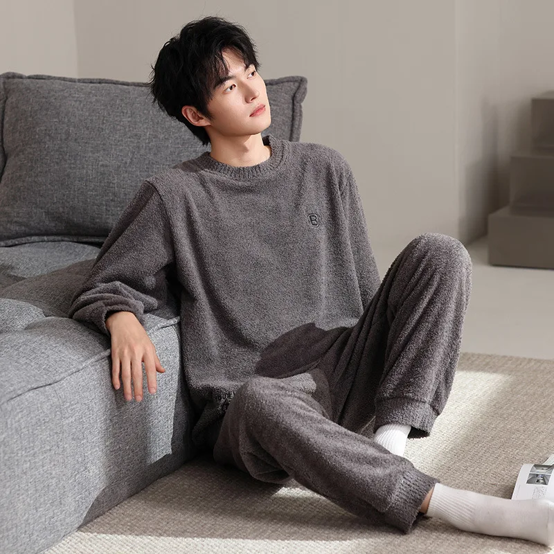 Sleepwear Winter Half-fleece Pajamas Men's Round-neck Pullover Simple Outside Autumn and Men's Home Wear Two-piece Set