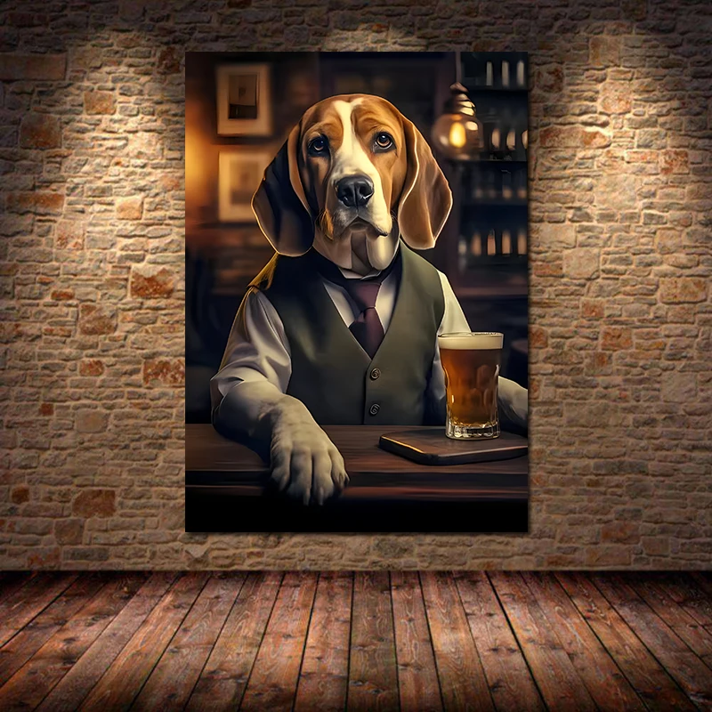 Cute Dog in The Pub Poster Prints Canvas Painting Pug German Shepherd Corgi Collie Animal Beer Wall Art Room Home Decor Unframed