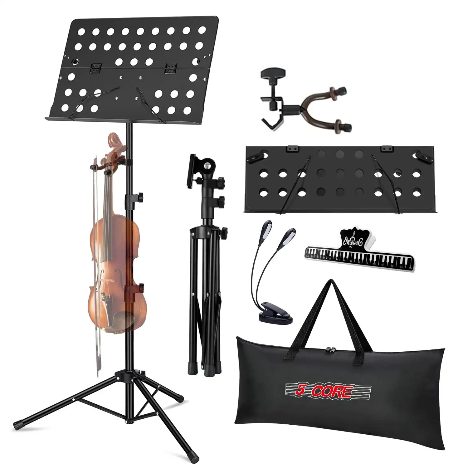 

5 Core Music Stand For Sheet Music Portable Tripod Adjustable Folding Note Holder MUS FLD HD ACC BLK