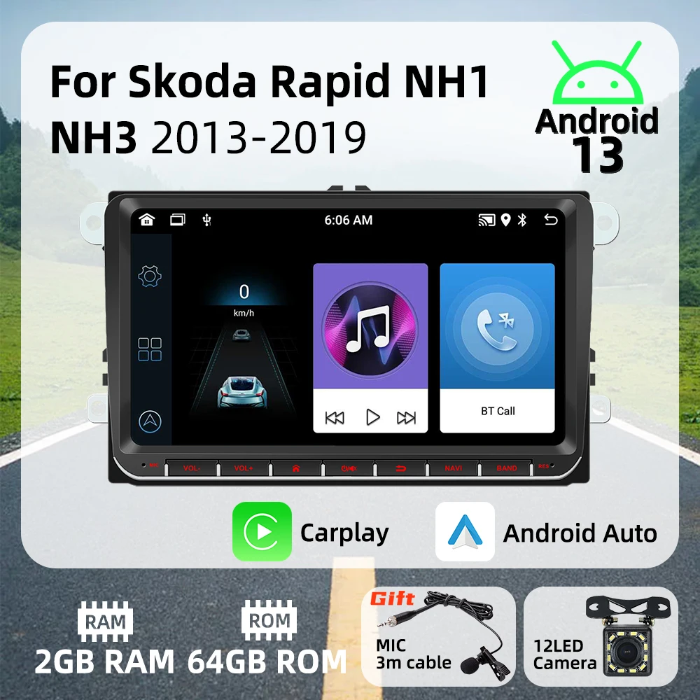 

Carplay Android Auto Android Car Multimedia 2 Din Radio for Skoda Rapid NH1 NH3 2013-2019 9 Inch Stereo Head Unit GPS Navigation