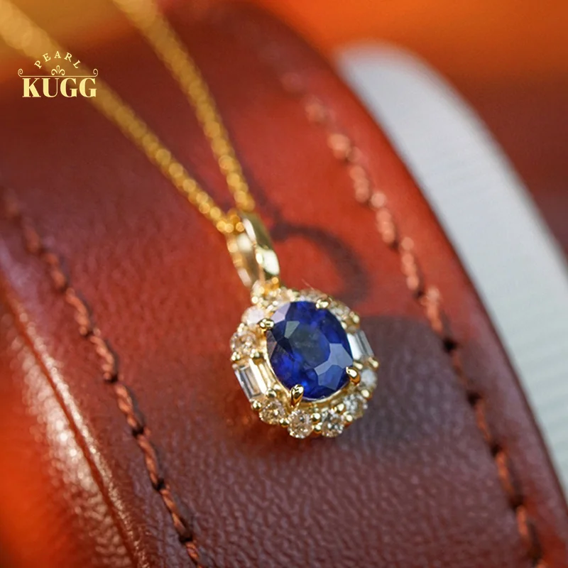 

KUGG 18K Yellow Gold Necklace Classic Real Natural Sapphire Shiny Diamond Gemstone Pendant Necklace for Women Christmas Gift