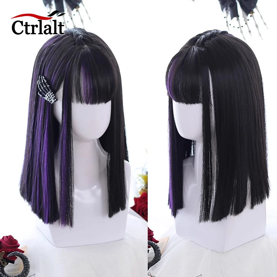 

Short Straight Lolita Black Purple Wig with Bangs Synthetic Brown Blonde Hair For Cosplay Daily Party Halloween Wig for Women