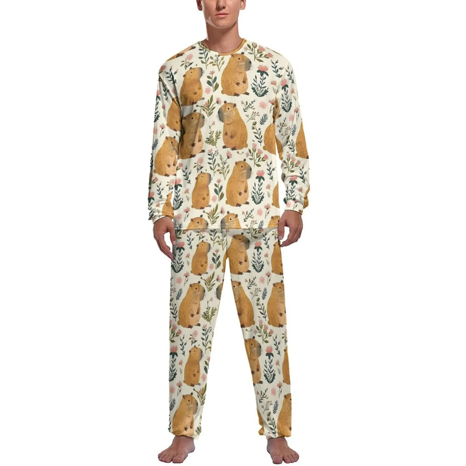 Cute Capybara Art Pajamas Long Sleeve Animal 2 Piece Bedroom Pajama Sets Spring Man Graphic Cute Nightwear