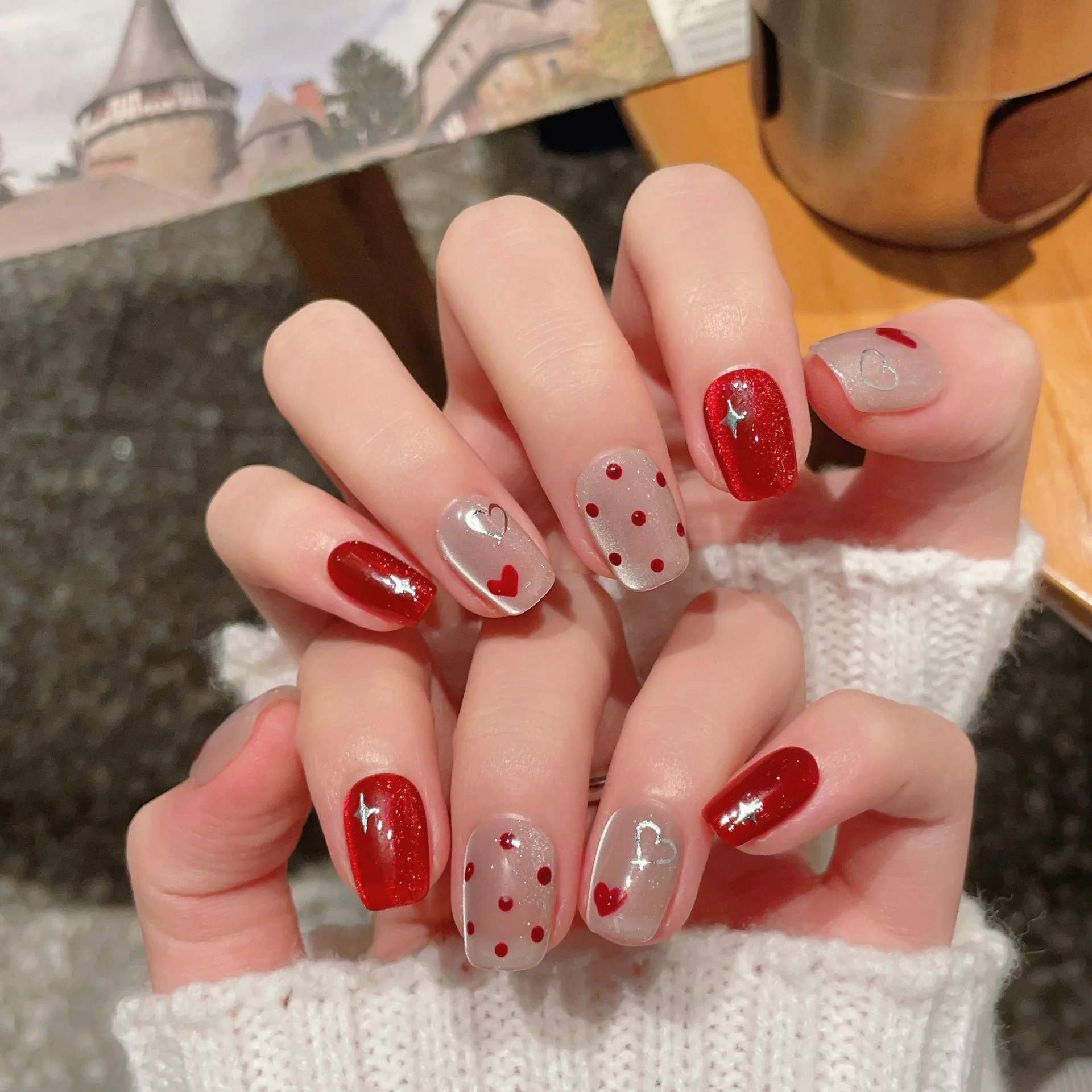 10pcs Handmade Press on Nails New Year Red Heart and Polka Dot Glitter Cat Eye False Nail for Women&Girl Removable Wearable Nail
