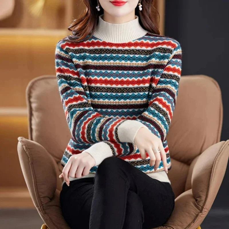 2024 New Half High Collar Print Sweater Women's Stripe Patchwork Korean Temperament Simple Fashion Loose Long Sleeve Knitted Top