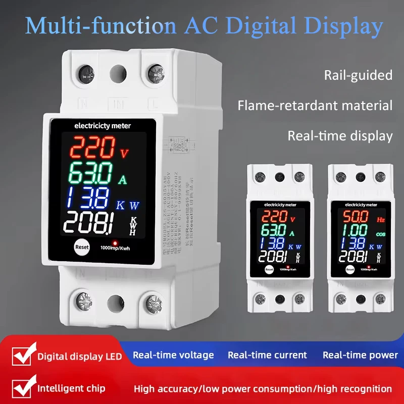 Digital Energy Meter Din Rail Electricity Usage Monitor AC30-400V Voltmeter Ammeter Watt Kwh Frequency Power Meter ZS-6035VAKW