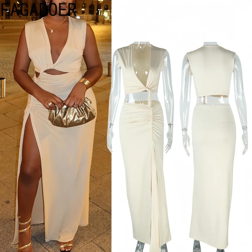 

FAGADOER Elegant Ruched Patchwork Bodycon Long Dresses for Women Solid Color Hollow-out Dress Female Streetwear Vestidos 2026