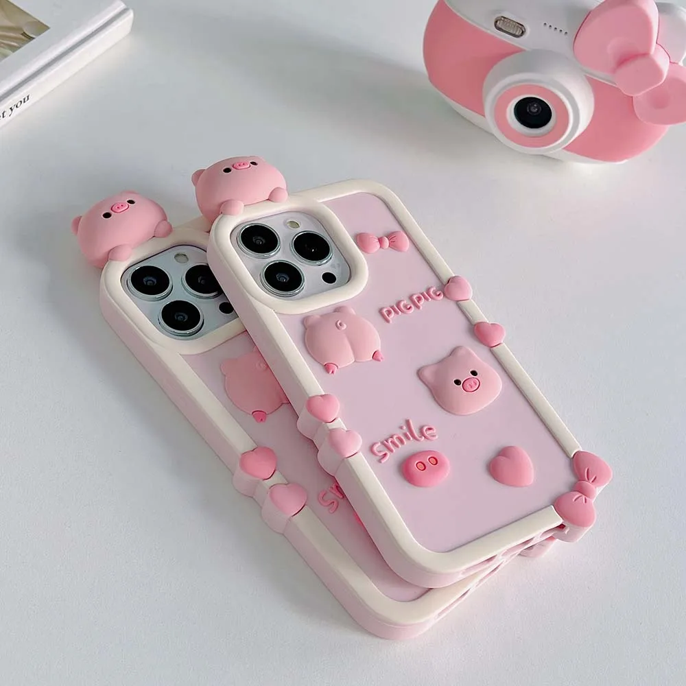 3D Love Pig Case For iPhone 15 14 13 12 11 X S XR 7 8 SE Pro Max Plus Cute Lovely Shockproof Soft Silicone Cover Skin