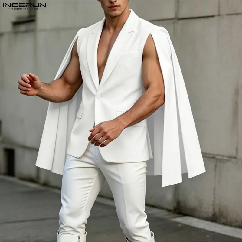 

INCERUN Men's Irregular Blazer Solid Color Cloak Cape Lapel One Button Casual Male Suit Streetwear 2026 Fashion Ponchos For Man