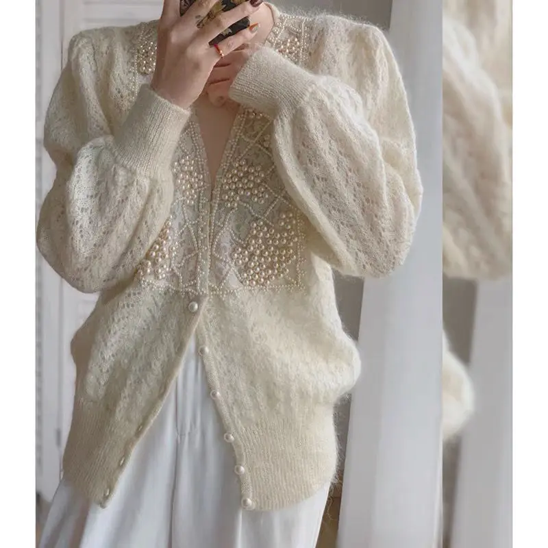 Korobov New Autumn Pearls Embroidery Cardigans Vintage V Neck Long Sleeve Oversize Gentle Cardigan Sweet Hollow Out Sweater