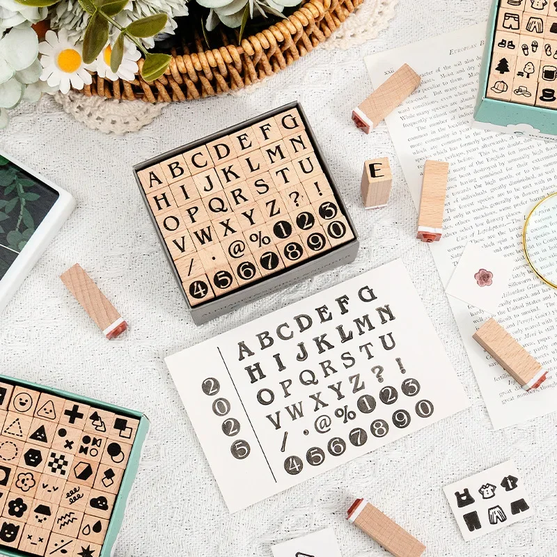 42 Wooden Seals with Numbers, Letters, Geometric Figures, Small Expressions, Happy Party Series Handbook Seals