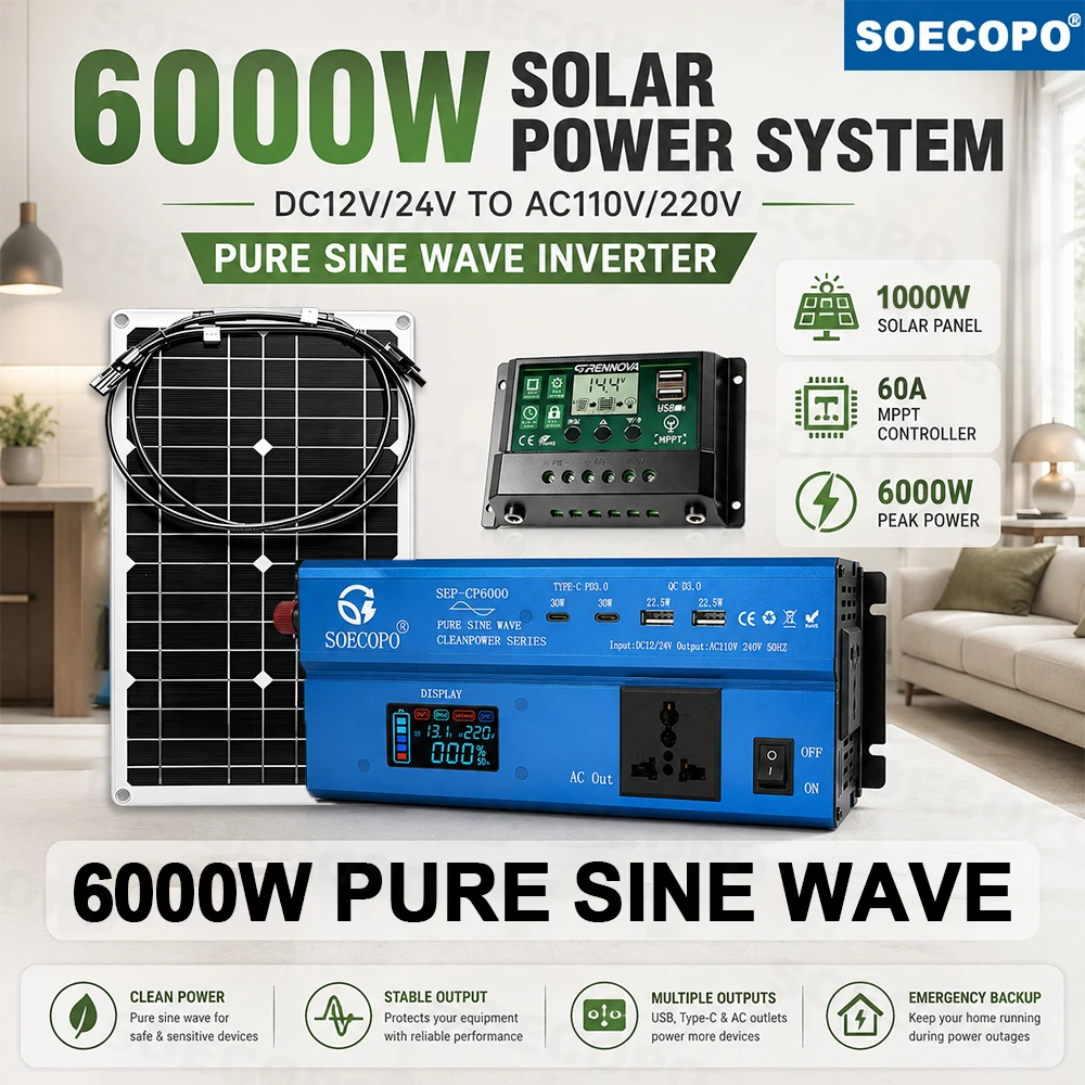 Standby Power 6000W Pure Sine Solar Kit |1000W Panel + 60A MPPT Controller + Fast Response Inverter | Farm Home Off Grid Backup