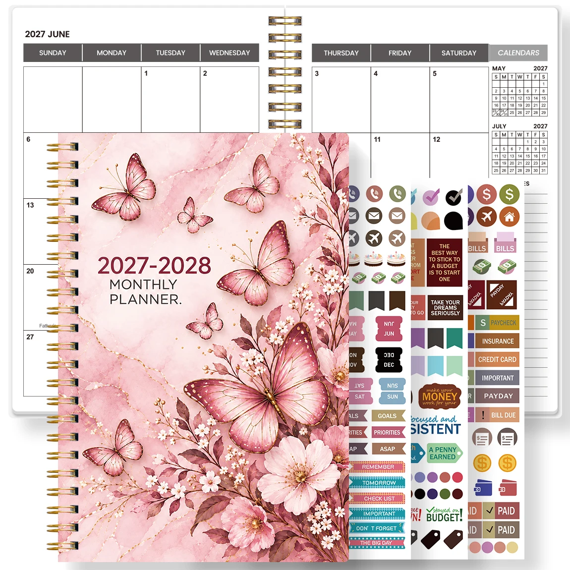 1PC A5 Pink Floral Notebook 2027-2028 Monthly Planner with Stickers, Butterfly Spiral Calendar for Office & Daily Planning