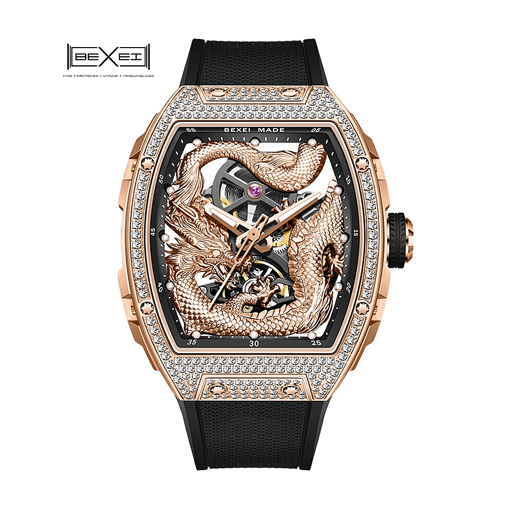 

BEXEI Men Watch Silicone Strap Waterproof High end Full Diamond Dragon Dial Brand Automatic Mechanical Watch
