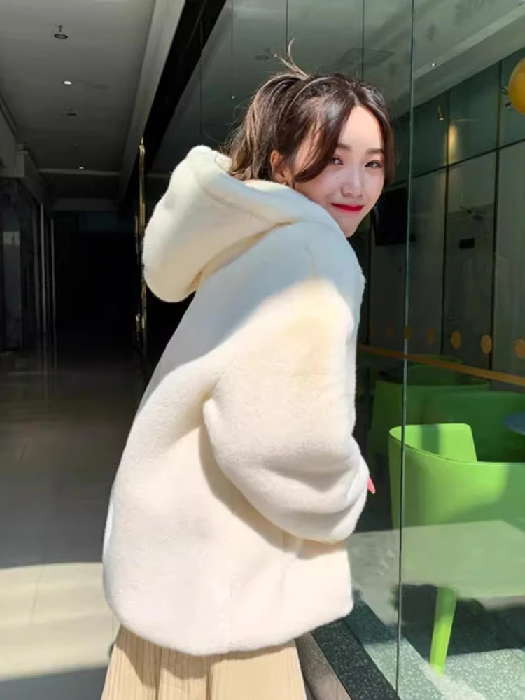 Frauen Faux Pelz Mittlere Länge Mäntel Jacken Mit Kapuze Mantel Dicke Warme Y2k Streetwear Jacke Arbeit Oberbekleidung Herbst Winter 2025