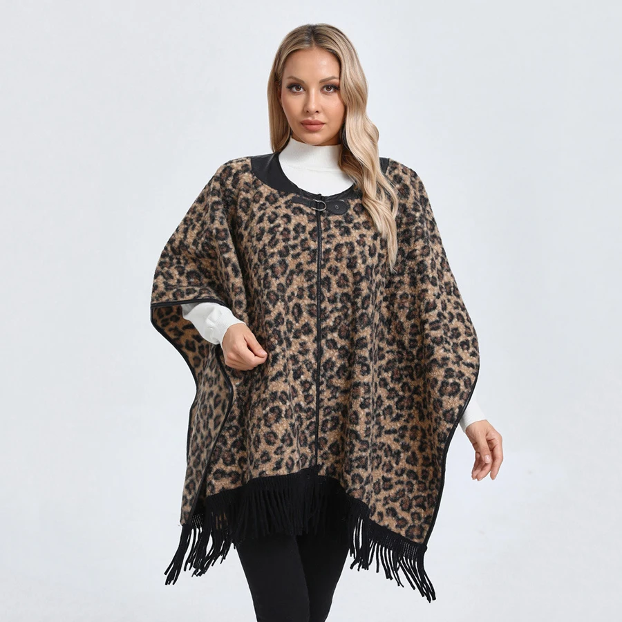 Fashion Classic Leopard Zebra Stripes Like Wool Cape Coat Women Autumn Winter Cloak Outerwear Leather Collar Wraps Long