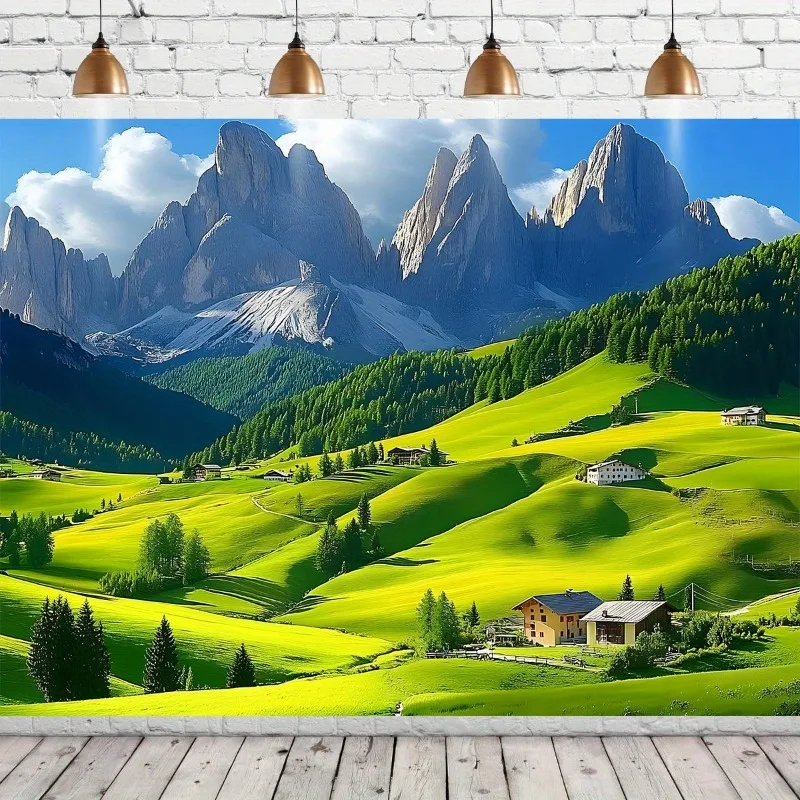 Stunning Alpine Valley Landscape Mural Tapestry - Panoramic View of Green Rolling Hills and Majestic Mountains