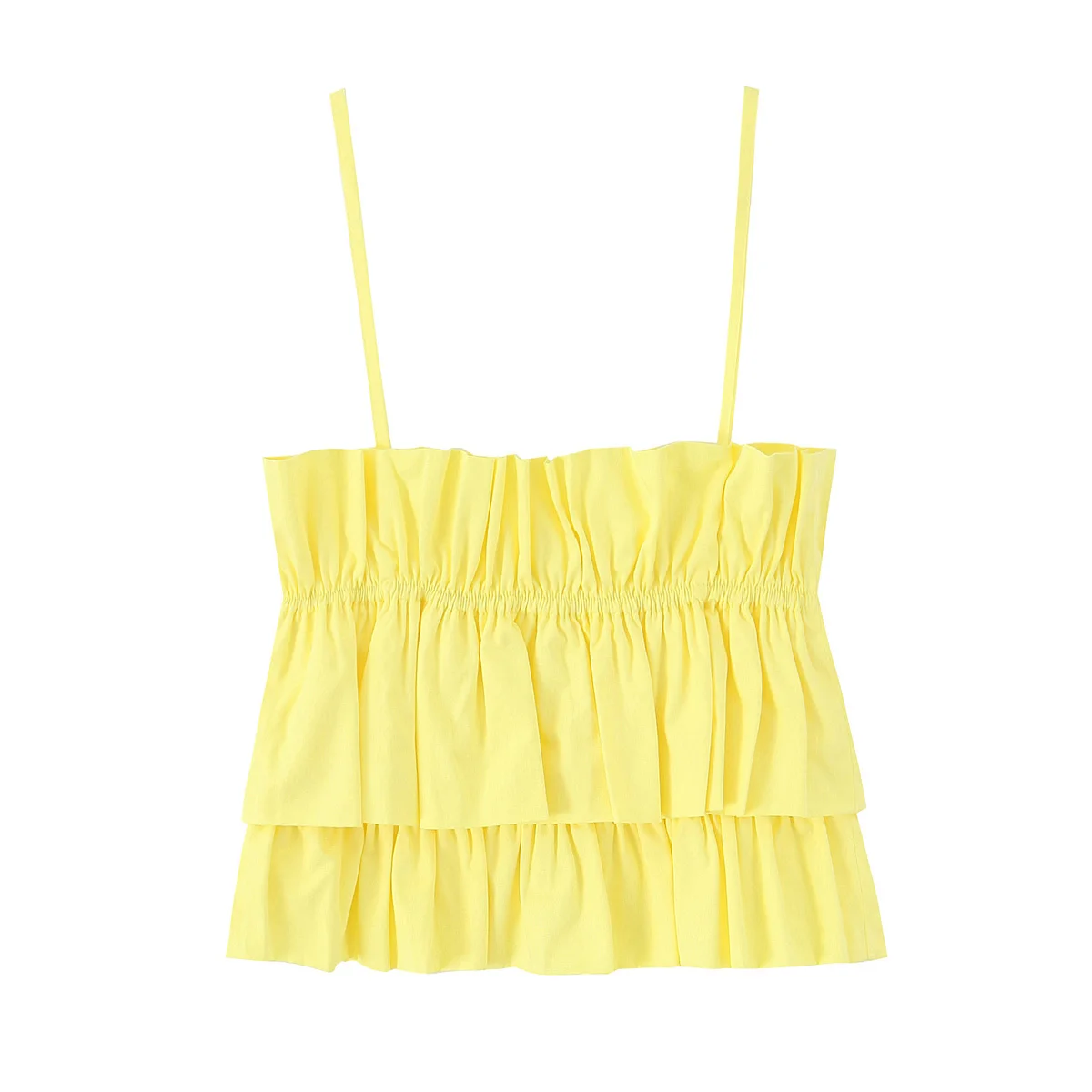 Zevity Nuove Donne Chic Spaghetti Strap Pieghe Increspature Popeline Giallo Grembiule Camicetta Stile Torta Femminile Camicia Blusas Crop Top LS9319