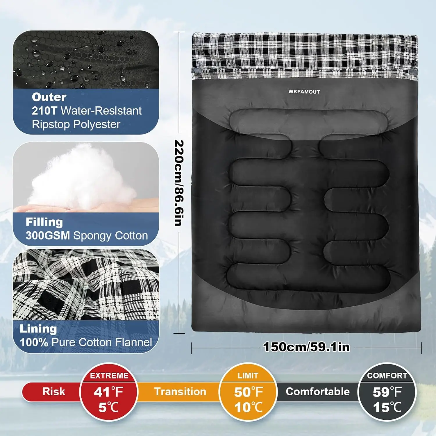 Double Sleeping Bag for Adults Machine Washable 2 Person Camping Sleeping Bag Queen Size Waterproof with Compression Sack