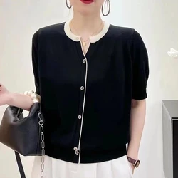 Maglietta sottile in seta di ghiaccio Femme 2024 estate Casual allentata Top manica corta maglietta nera donna Pullover Tees magliette lavorate a maglia con scollo a V