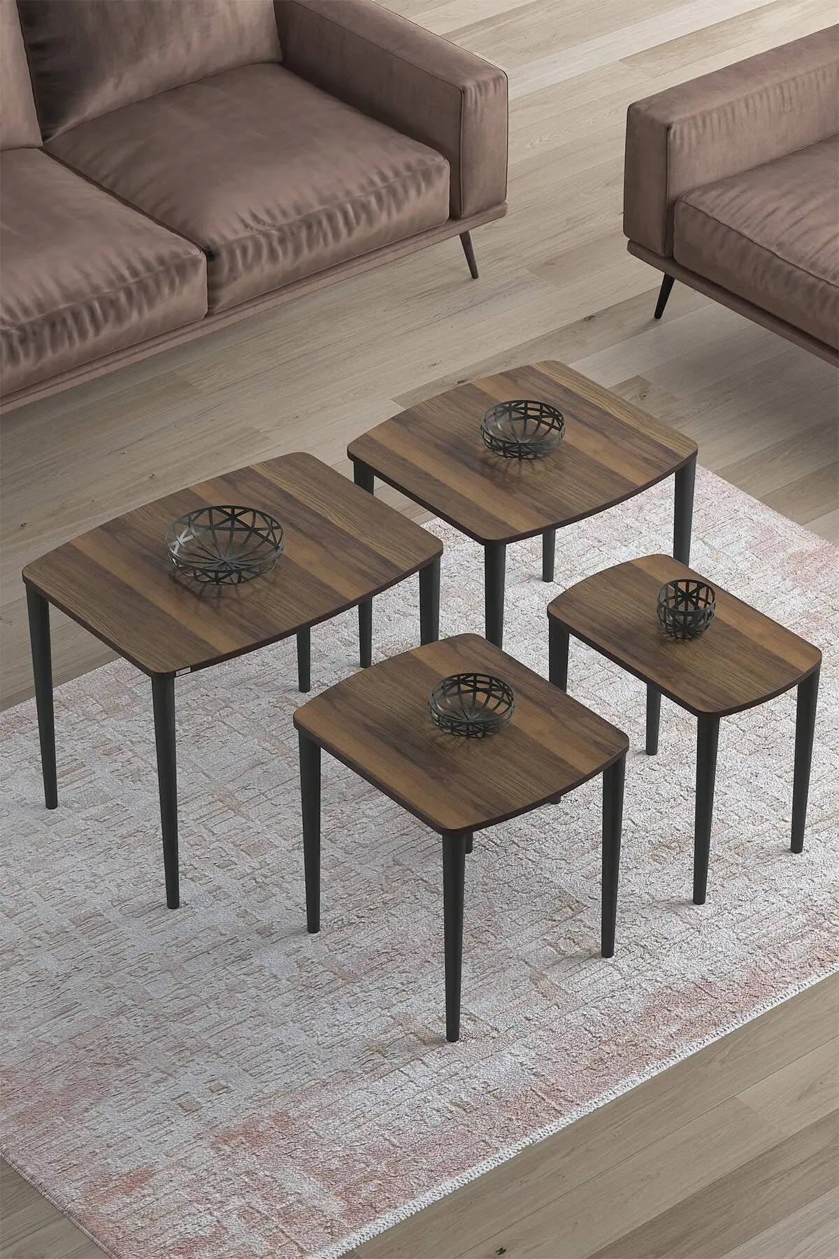 DOLBOVI Kahverengi Telwe Series Top Quality Mdf 4lü Zigon Coffee Table Set Coffee Table