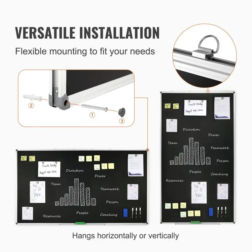 Quadro de alumínio de superfície preta de 70x40 polegadas com apagamento magnético e 3 marcadores de apagamento a seco para escritório, casa, escola
