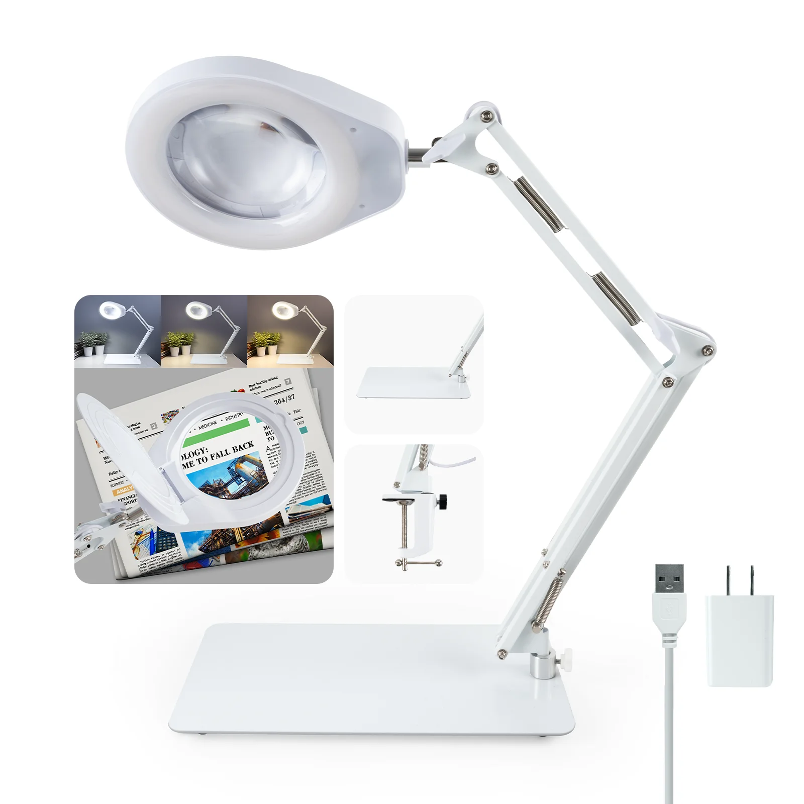 10X Magnifying Glass with Light and Stand Swing Arm Magnifying Lamp Stepless Dimmable 5-Diopter Real Glass Lens Magnifier