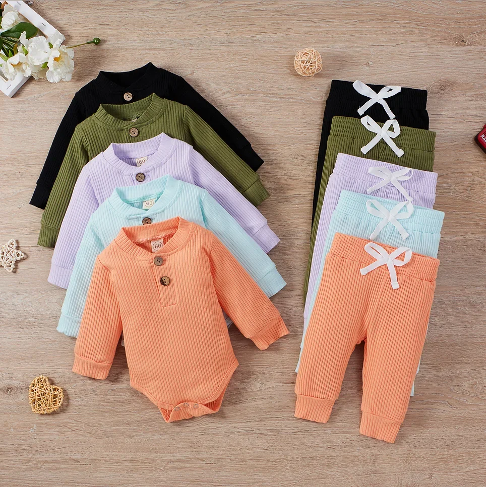 Infant Neugeborenes Baby Mädchen Junge Frühling Herbst Gerippte/Karierte Feste Kleidung Sets Langarm Bodys + Elastische Hosen 2PCs Outfits